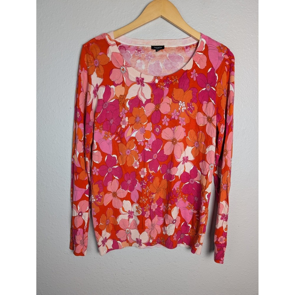 Talbots Sweater Pullover Womens M Multicolor Floral Tight-Knit Crew Neck
